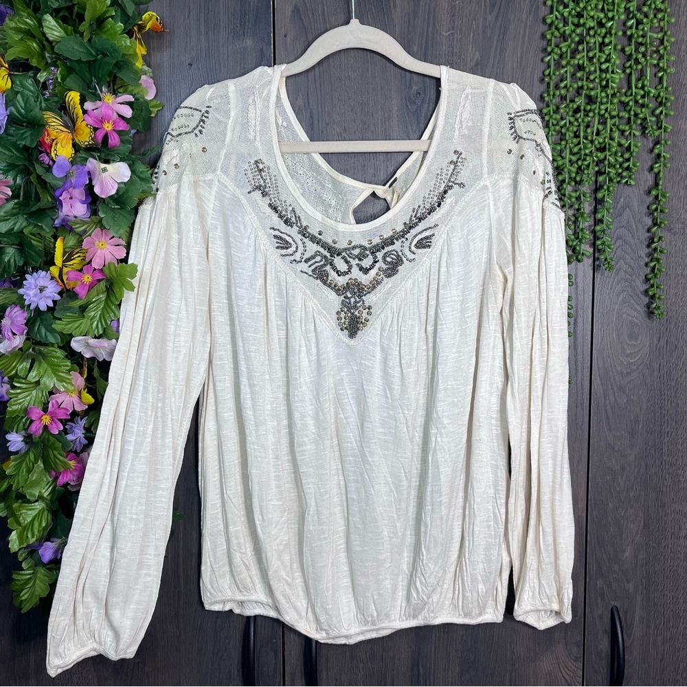 Free People Long Sleeve Studded Cream Scoop Neck Peasant Blouse Size Medium